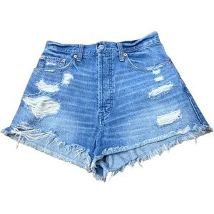 Abercrombie & Fitch Button Fly Distressed Blue Denim Shorts Women’s 26 Raw Hem